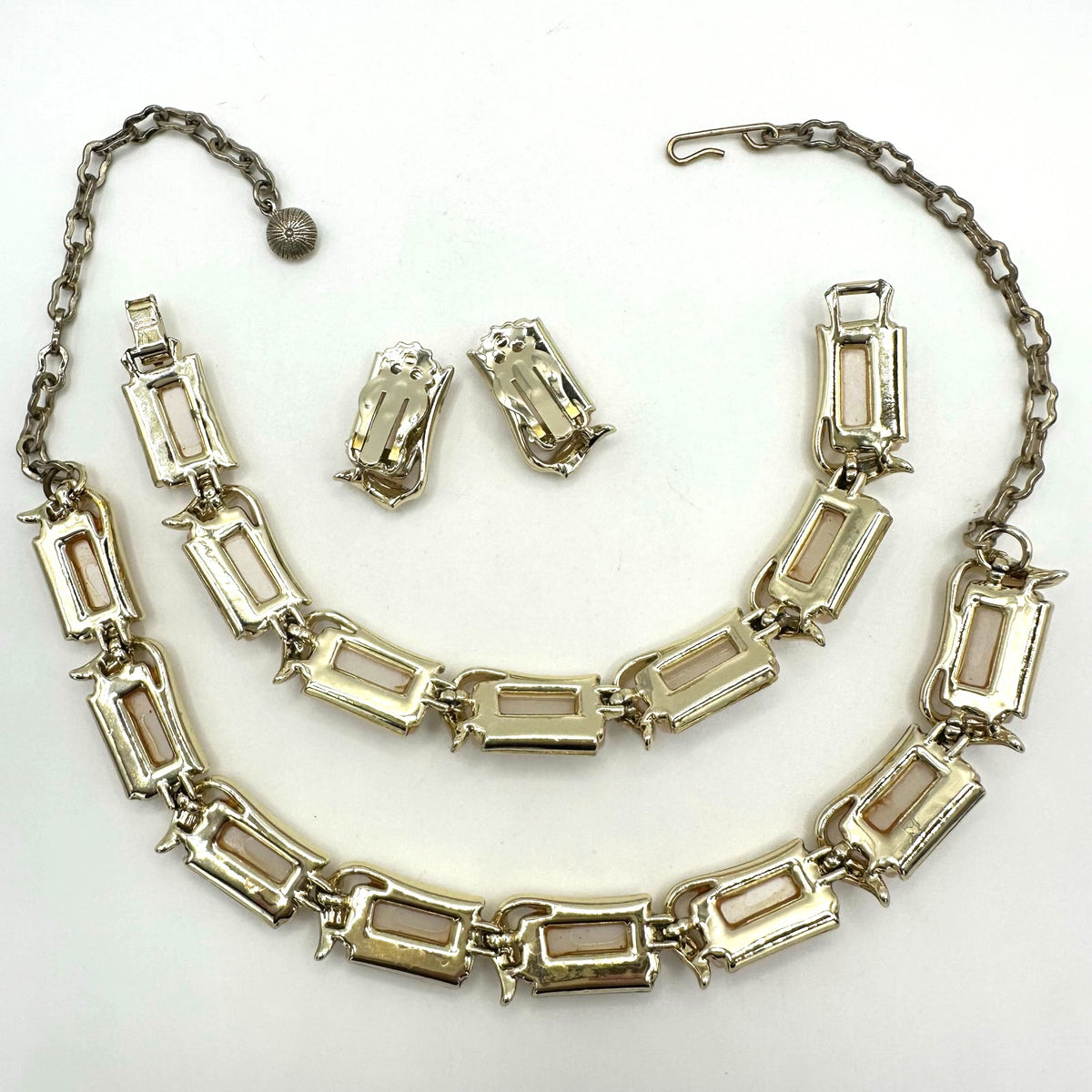Vintage gold tone white moonglow lucite necklace bracelet earrings set parure