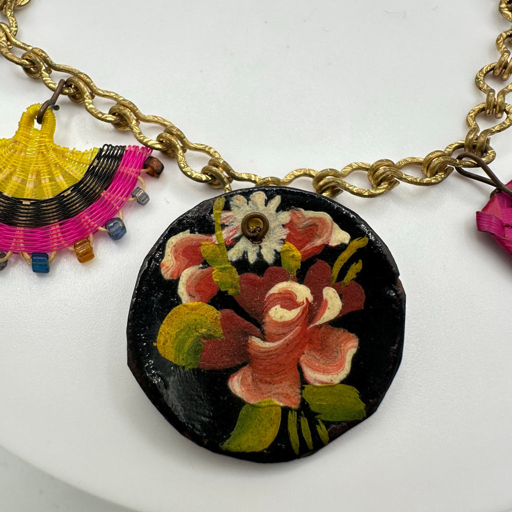 Antique vintage gold gilt handmade woven straw hand painted charms bracelet