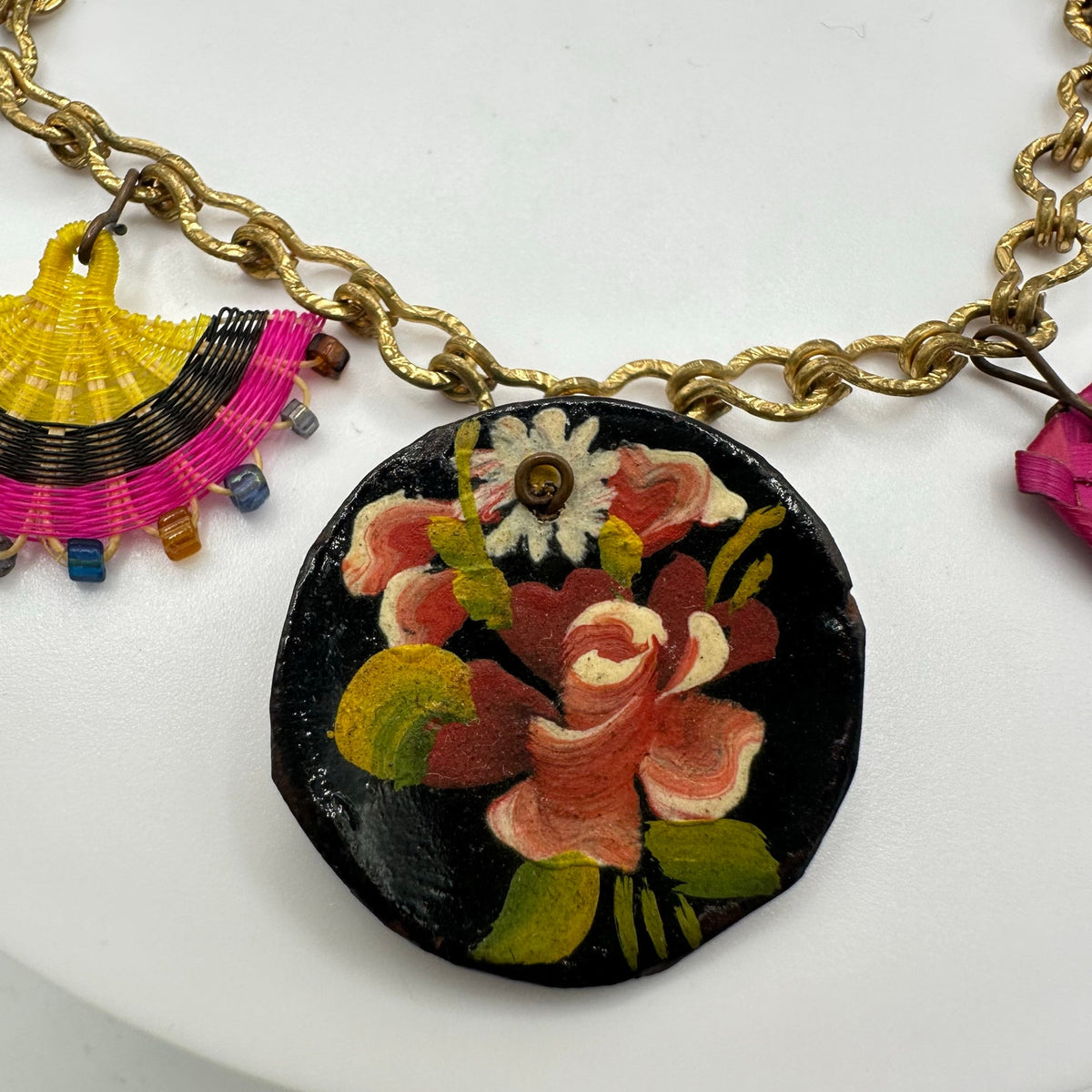 Antique vintage gold gilt handmade woven straw hand painted charms bracelet