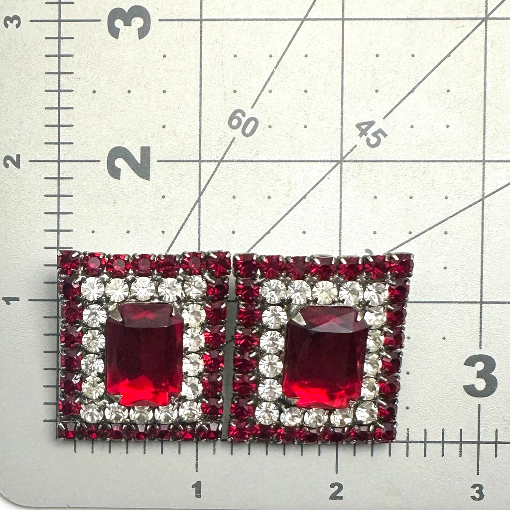 Vintage massive silver tone red rectangular glass rhinestones clip on earrings