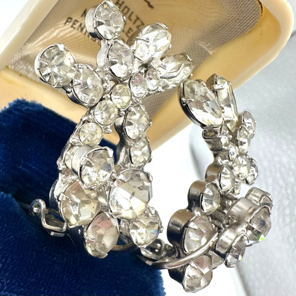 Vintage high end silver tone clear rhinestones wire over clip on earrings