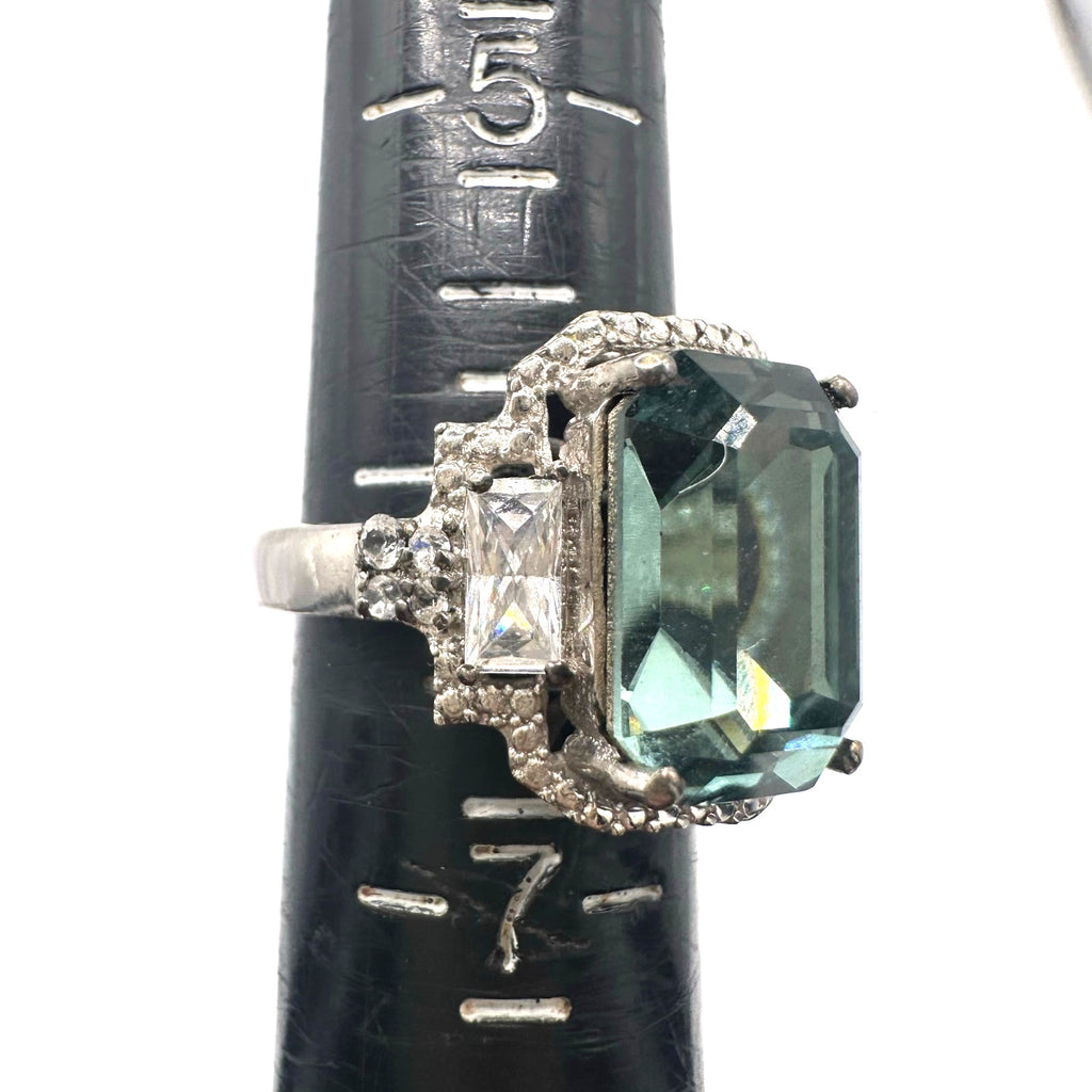 Karis silver tone stainless steel dusty aqua blue clear CZs ring 6.25