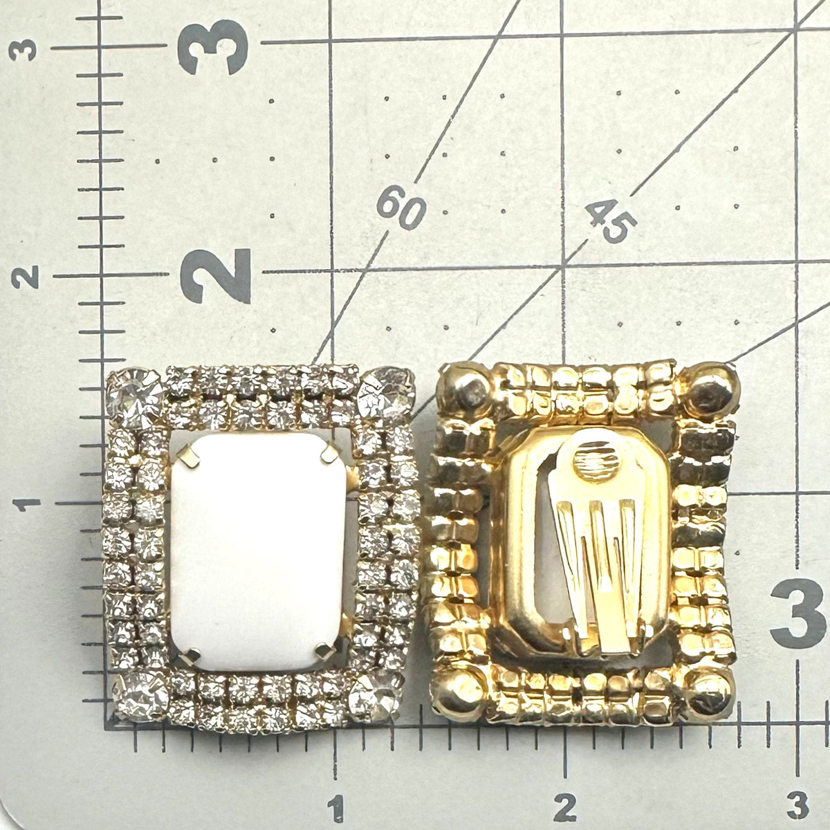 Vintage massive gold tone rectangular milk glass rhinestones clip on earrings