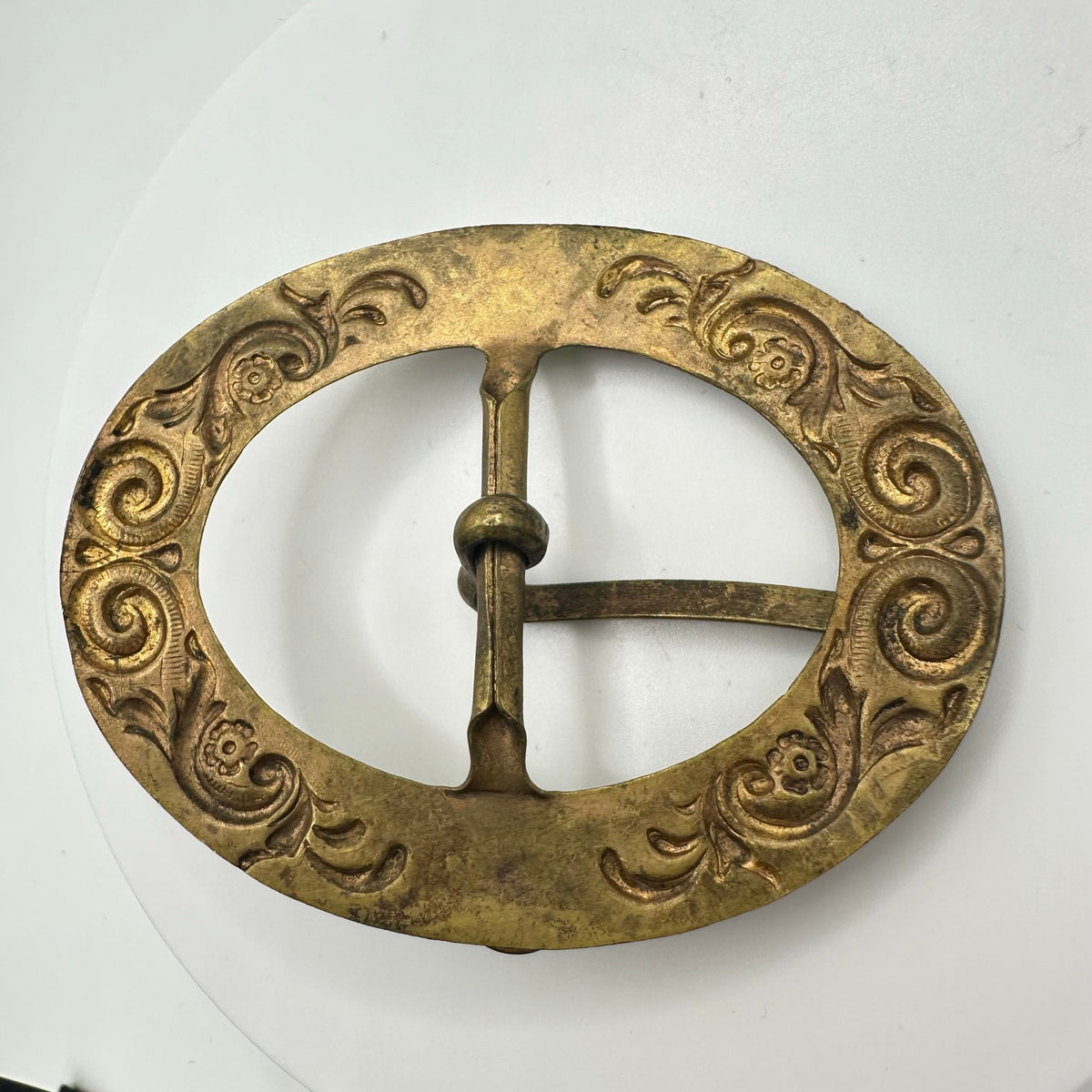 Antique Art Nouveau embossed gold tone brass green rose cut glass belt buckle