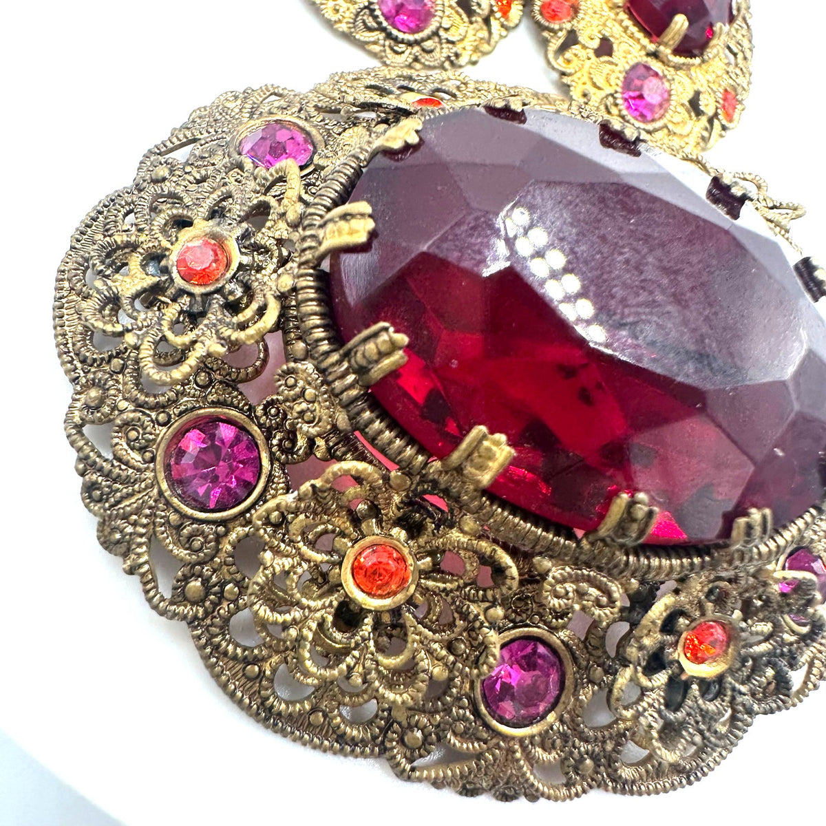 West Germany vintage gold tone red pink rhinestones brooch clip on earrings set