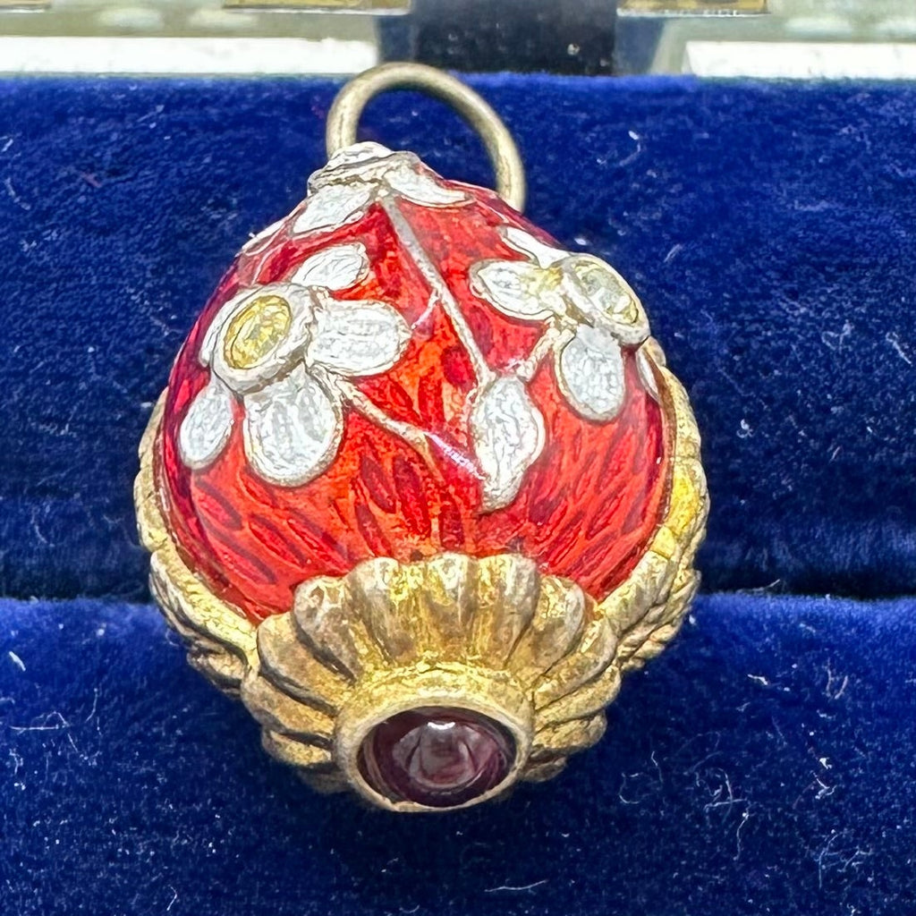 Vintage gilt sterling silver red floral garnet enamel rhinestones egg pendant