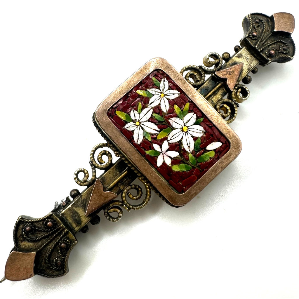 Antique Victorian 1880s micro mosaic gold filled Etruscan Revival bar pin brooch