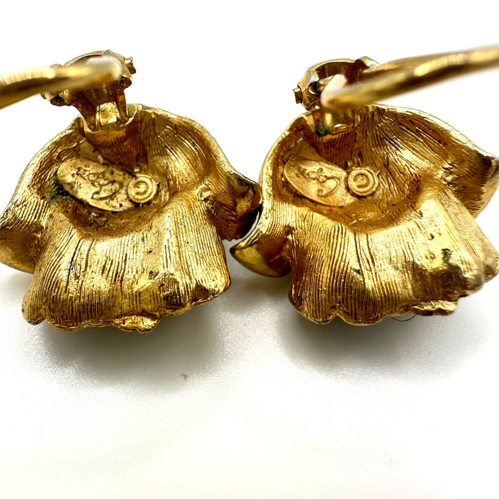 Capri signed vintage gold tone blue enamel 3D roses floral clip on earrings