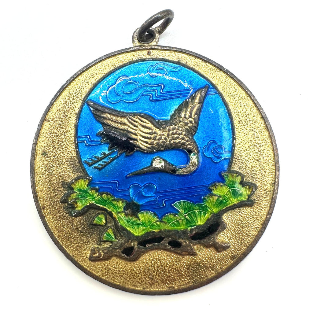Chinese vintage gold tone cloisonné enamel crane bird disc round pendant
