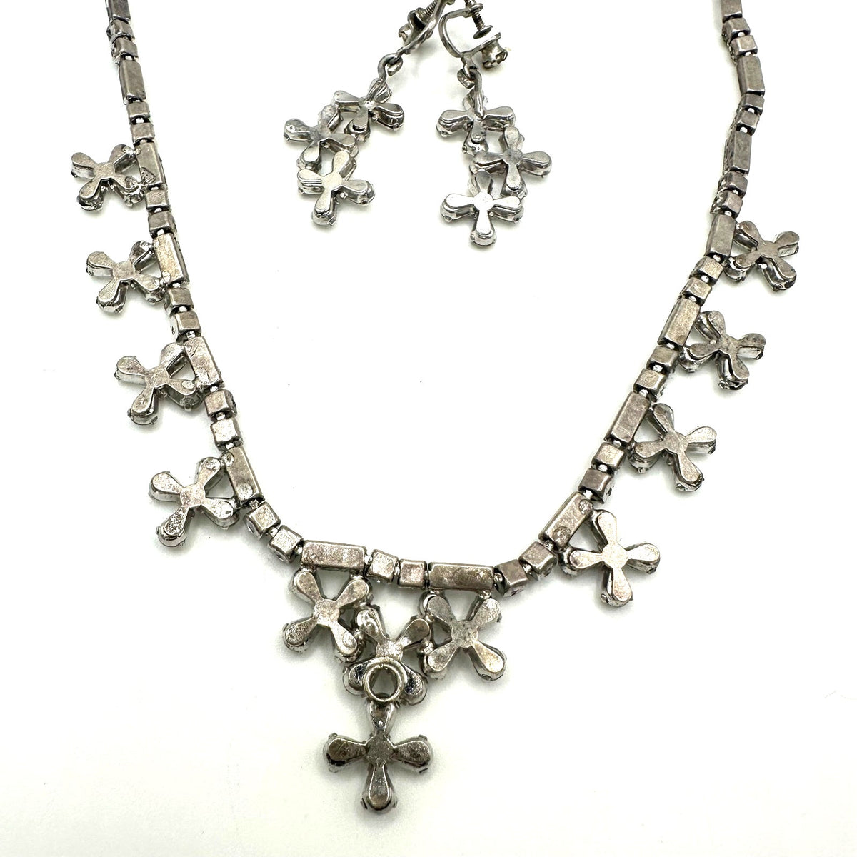 Phyllis vintage sterling silver clear rhinestones necklace earrings set