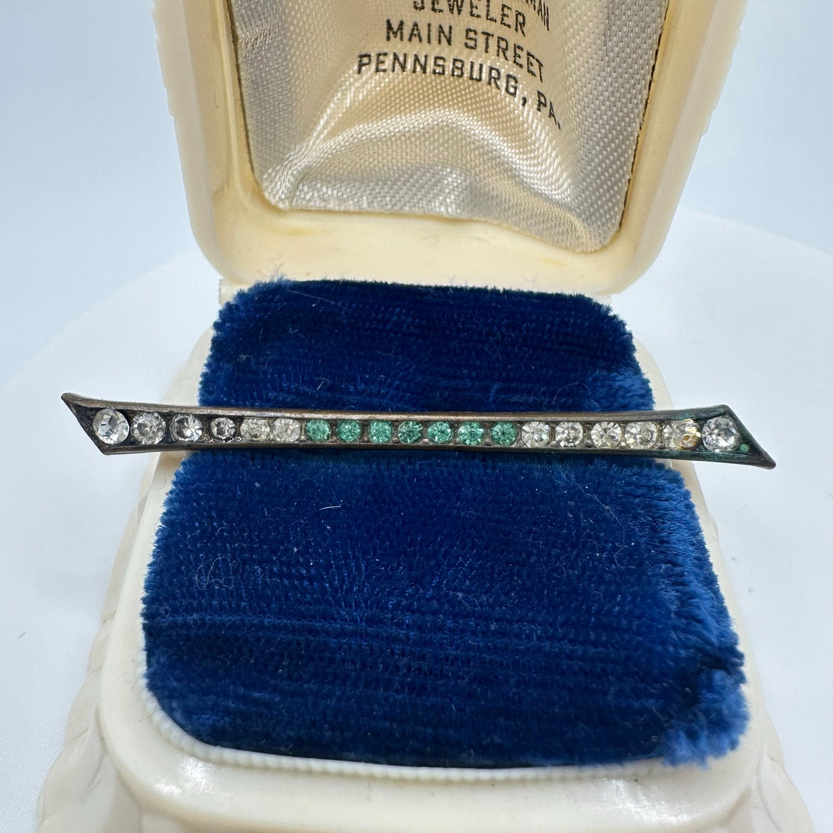 Antique Edwardian Art Deco brass aqua blue glass rhinestones brooch bar pin