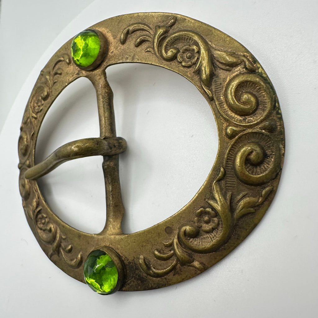 Antique Art Nouveau embossed gold tone brass green rose cut glass belt buckle