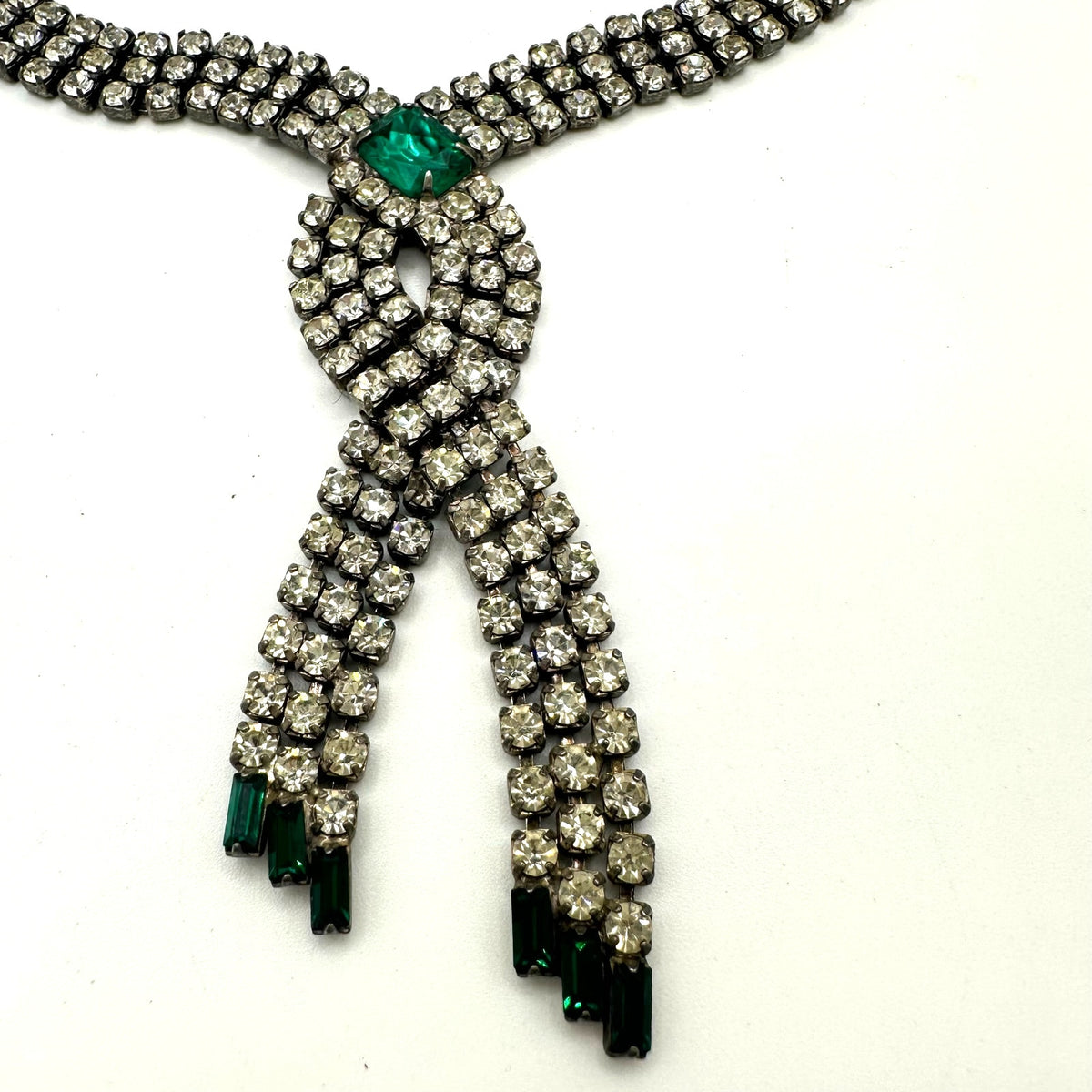 1950s vintage silver tone clear emerald green rhinestones fringe tassel necklace