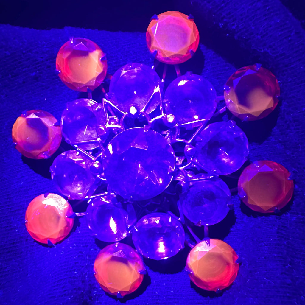 Vintage gold tone red pink purple UV cadmium glass rhinestones large brooch