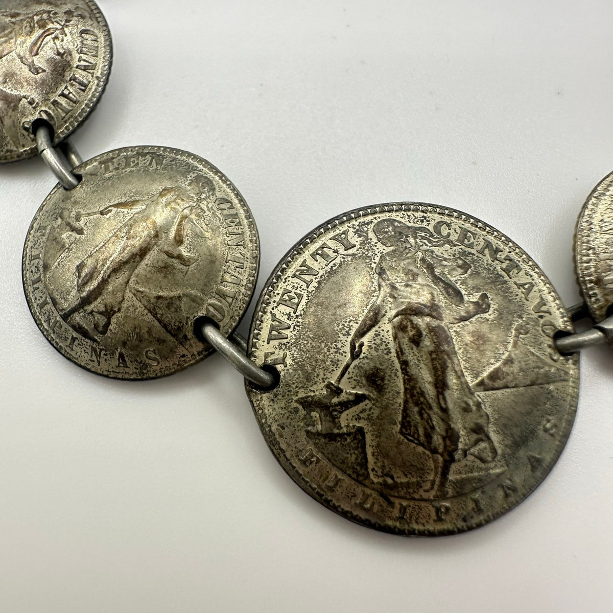 WWII era vintage retro USA Philippines 750 sterling silver 7 coins bracelet