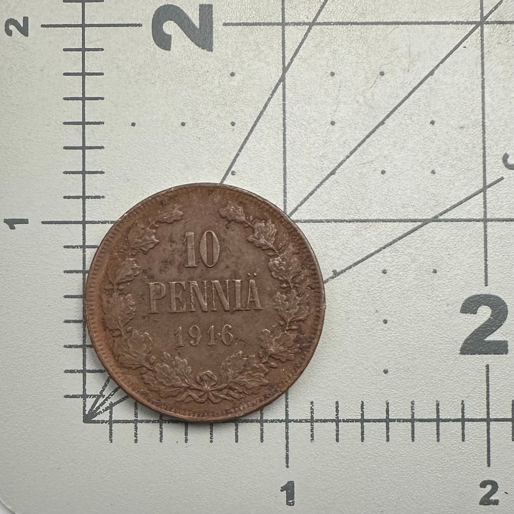 Finland Finnish 1916 antique 10 Pennia solid cooper coin