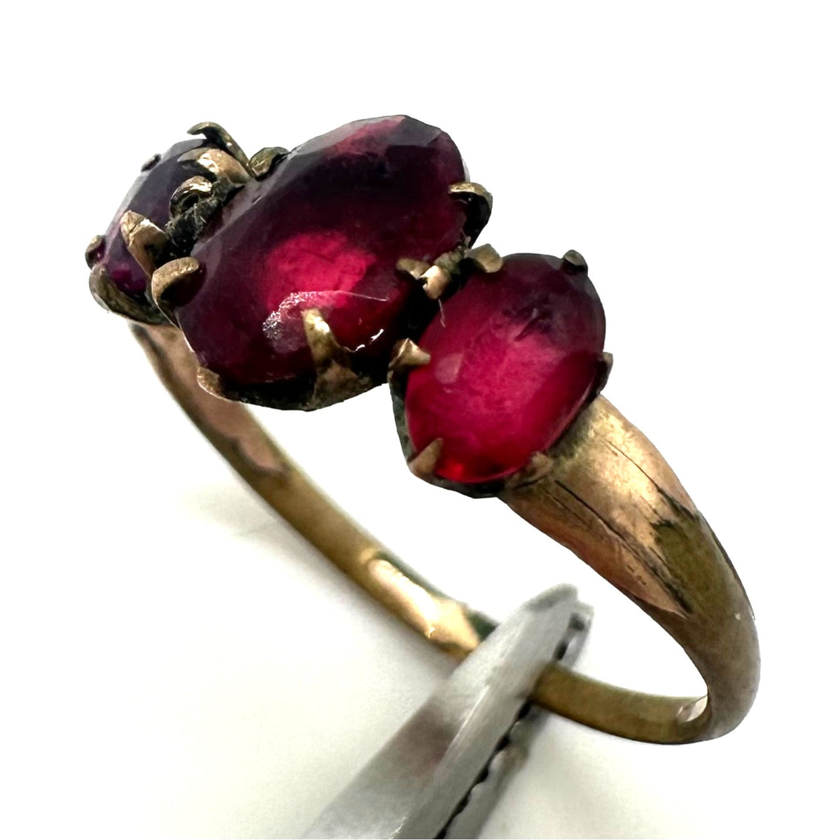 Antique Edwardian Victorian gold filled 3 stone red paste rhinestones ring 5