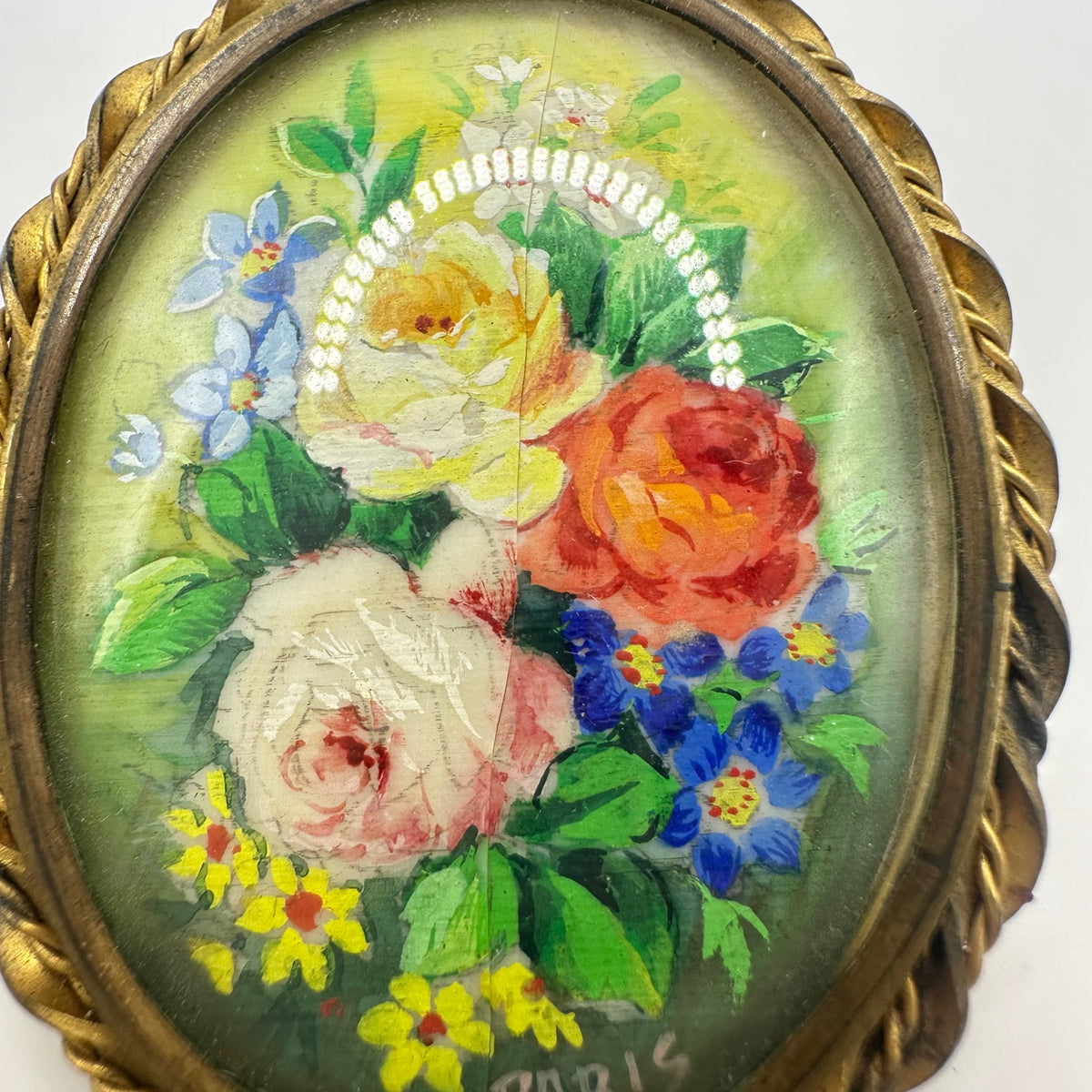 Paris vintage oval brass hand painted multicolor flowers floral bouquet brooch