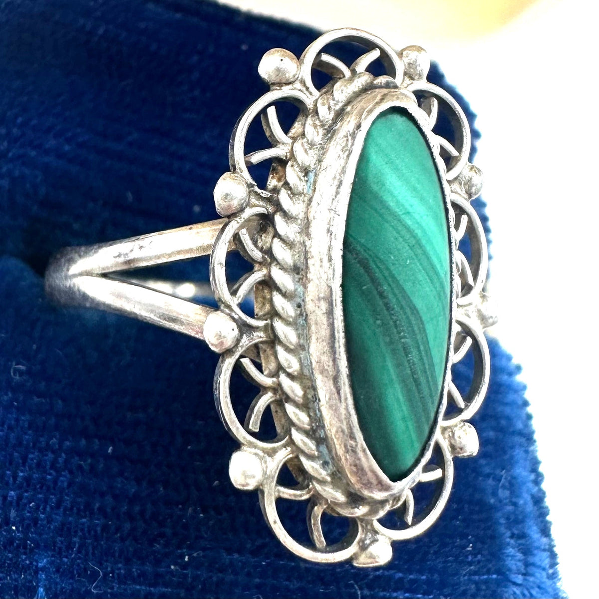 Taxco Mexico vintage 925 sterling silver green malachite cabochon ring size 9.5