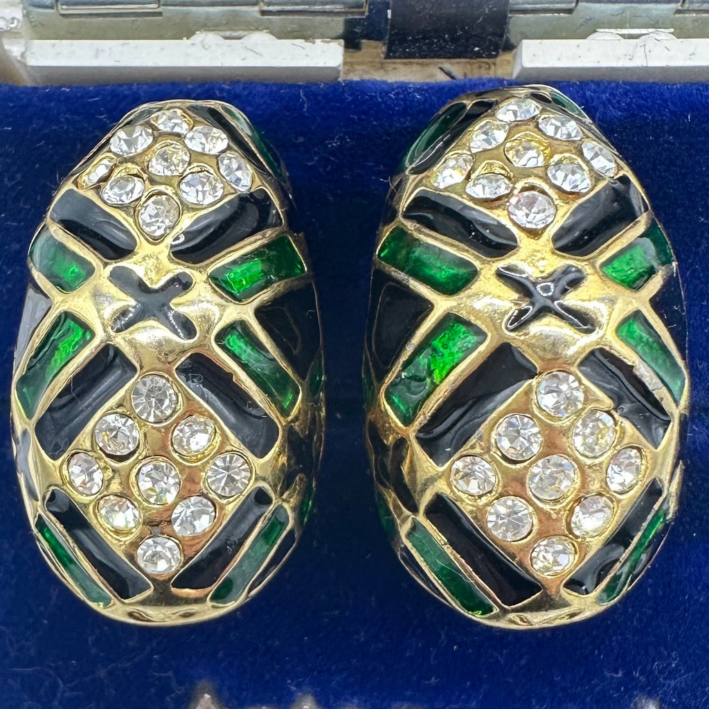 1980s vintage gold tone clear rhinestones black green enamel half hoops earrings
