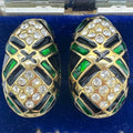 1980s vintage gold tone clear rhinestones black green enamel half hoops earrings