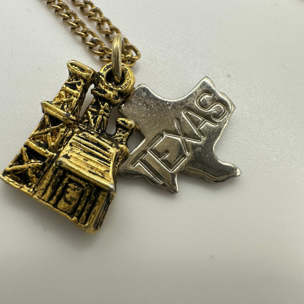 Gold tone nickel silver Texas oil derrick rig pendant charm 16" chain necklace