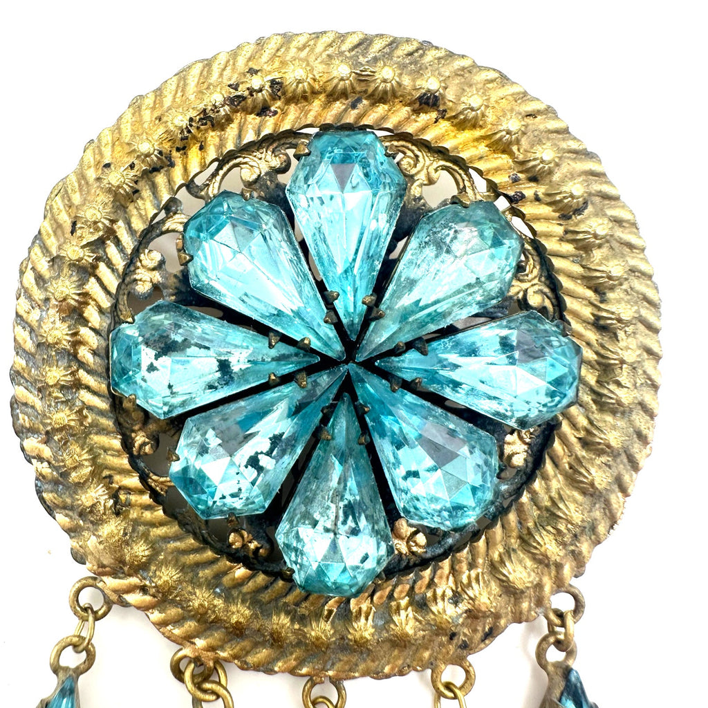 1940s vintage gold tone light blue rhinestones pearl dangling charms brooch