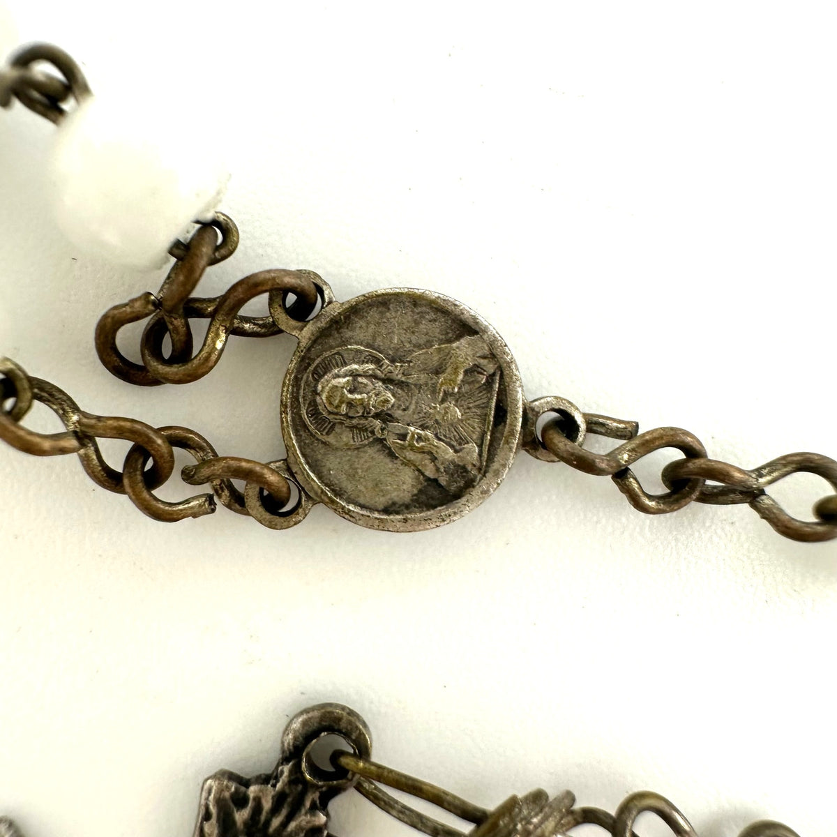 Vintage silver plated white milk glass beads beaded Catholic rosary necklace