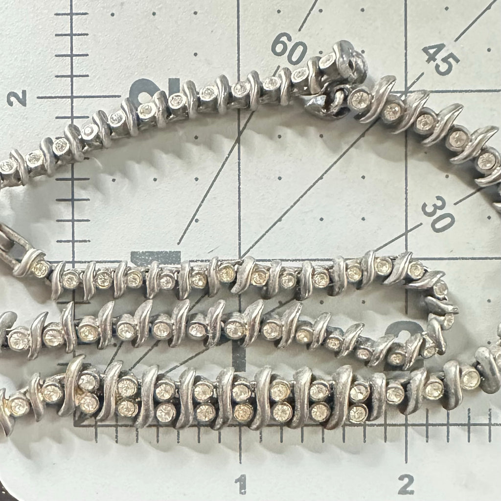 Vintage heavy silver tone clear glass rhinestones flex link modernist necklace