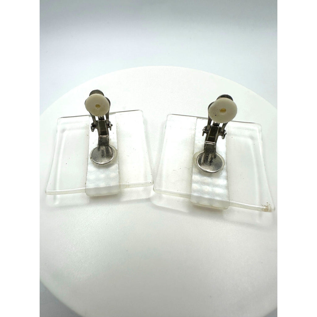 Vintage large 1.5" square clear white silver tone dotted lucite clip on earrings