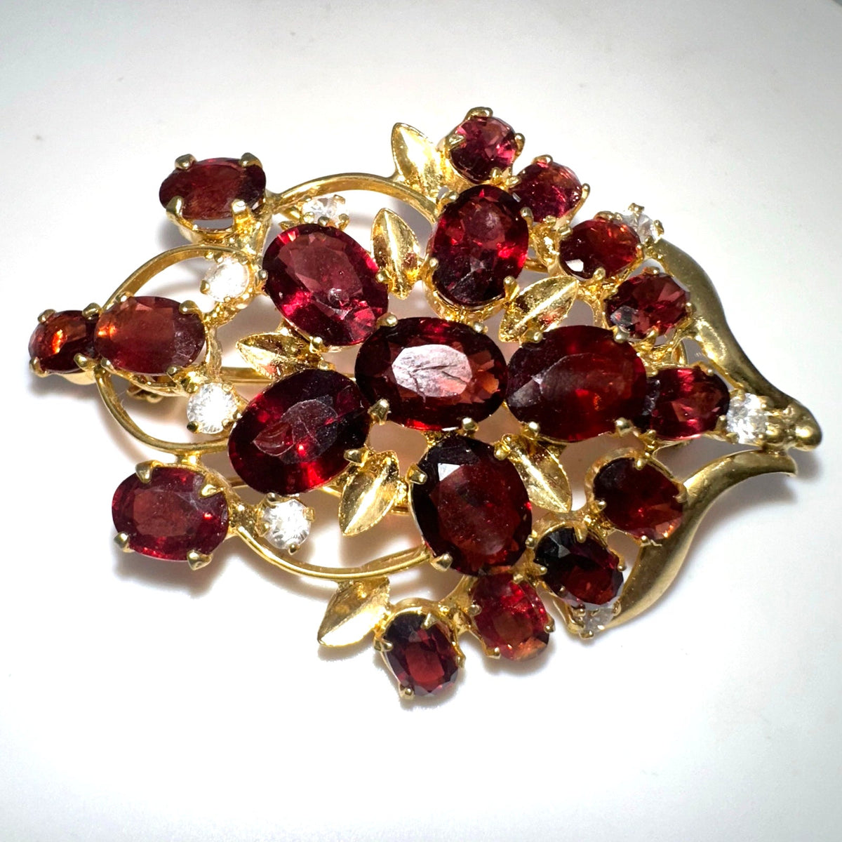 Gold plated real genuine red maroon garnets clear cubic zirconia CZ brooch