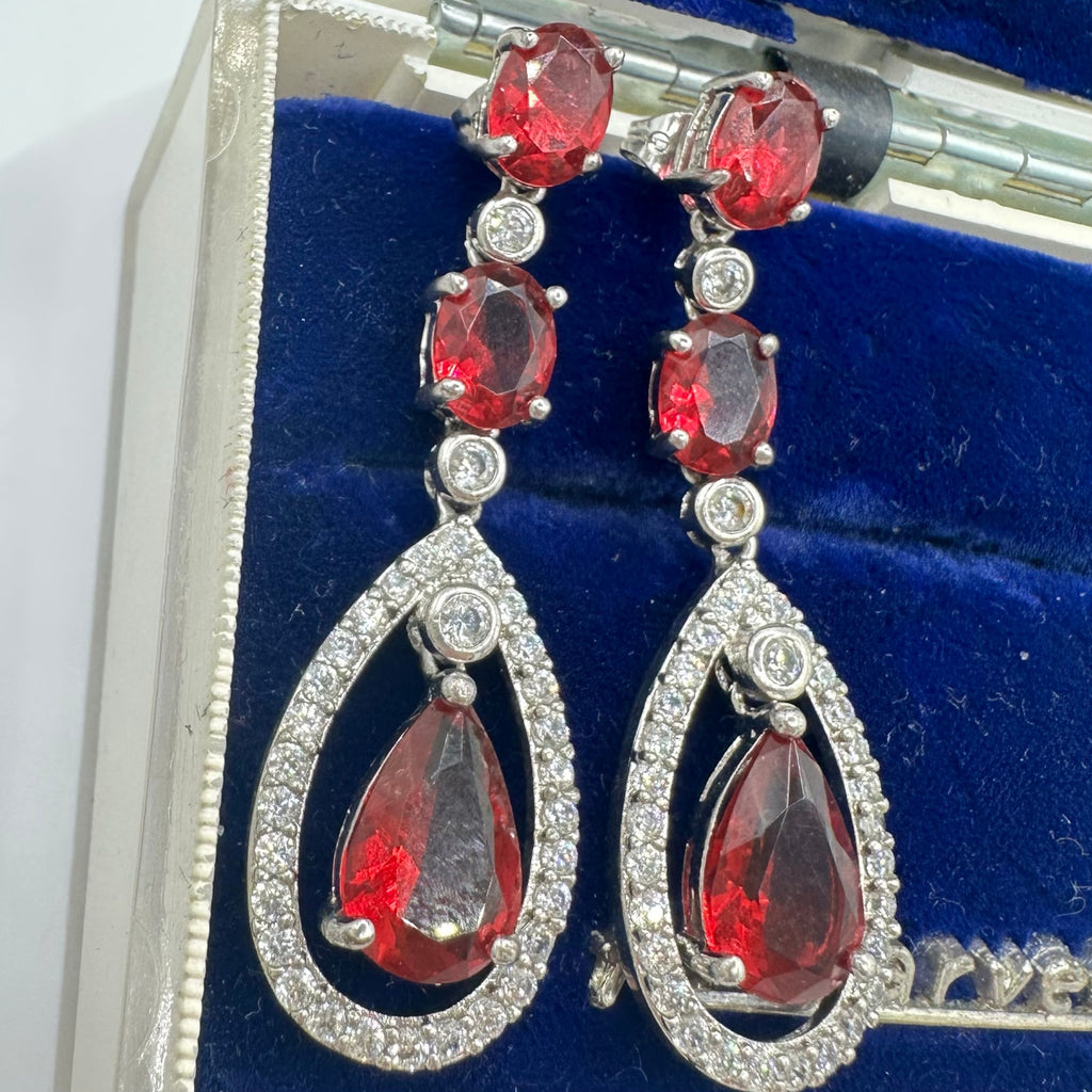 Silver tone red crimson clear cubic zirconia CZ posts dangle drop earrings