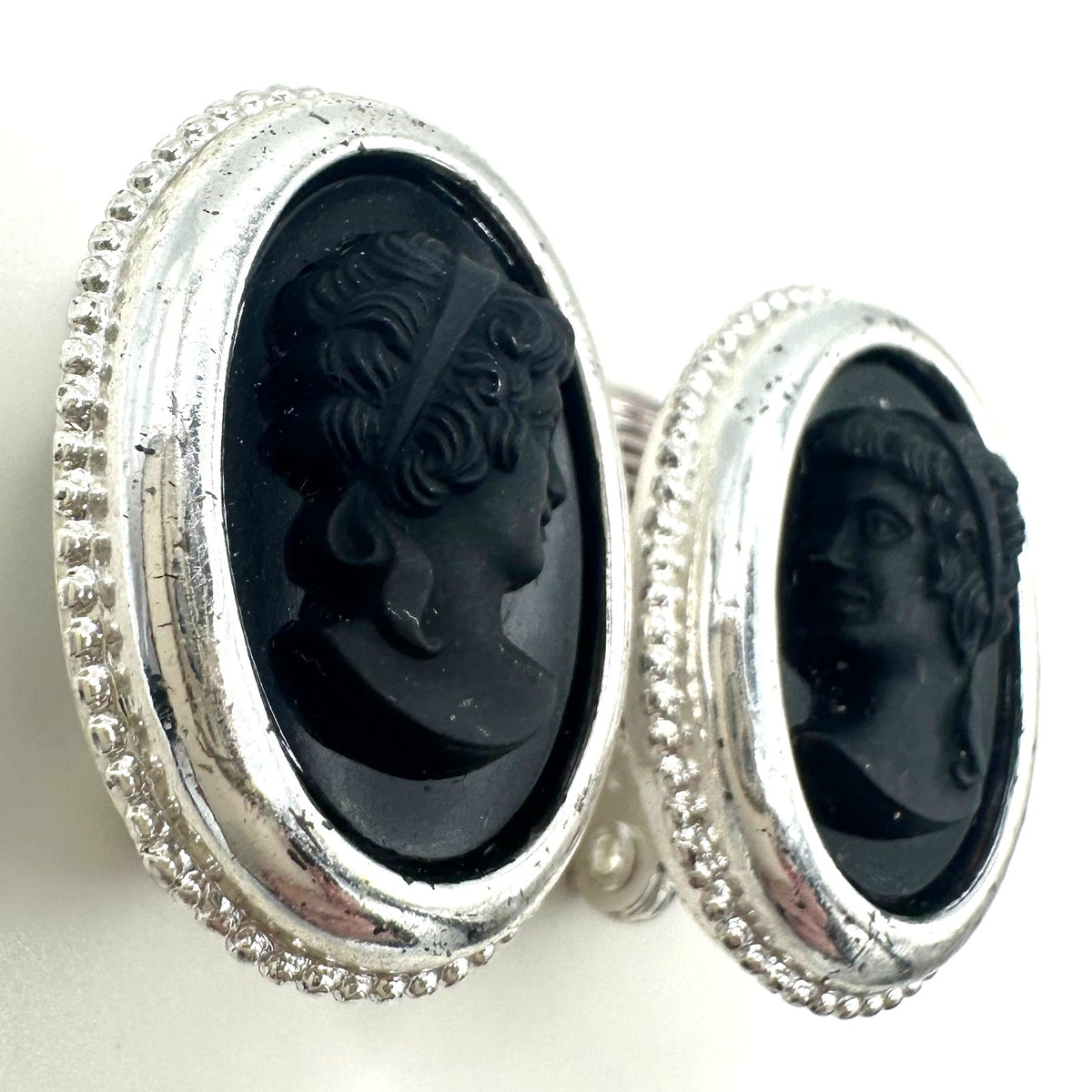 Vintage silver tone oval black glass mirrored cameos clip on earrings