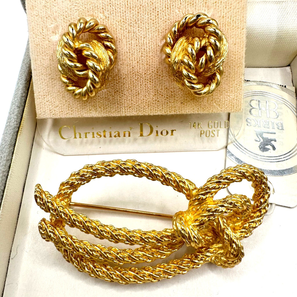NWT Christian Dior gold plated twisted rope brooch knot post earrings in box