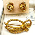 NWT Christian Dior gold plated twisted rope brooch knot post earrings in box