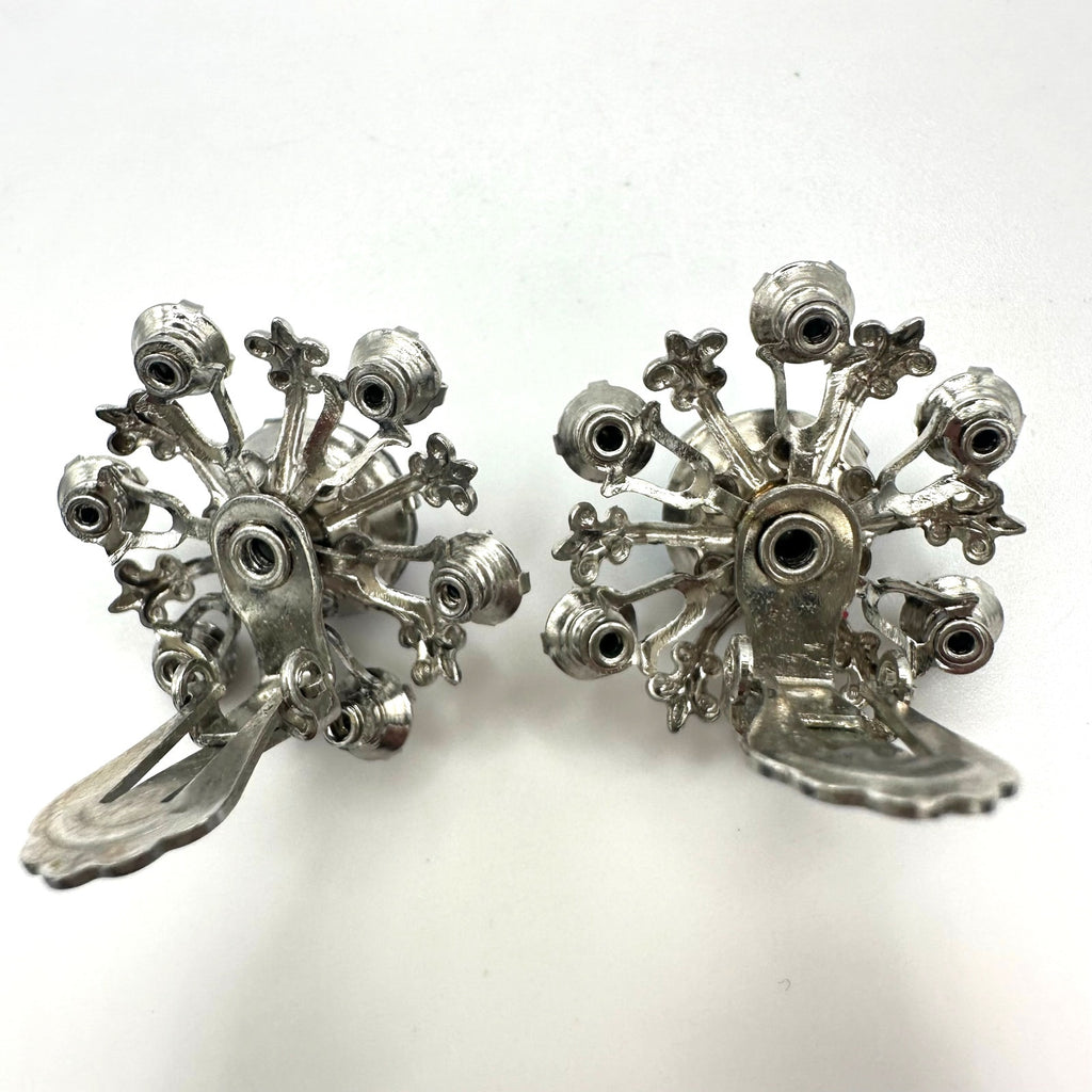 Vintage silver tone gray blue AB aurora borealis rhinestones clip on earrings