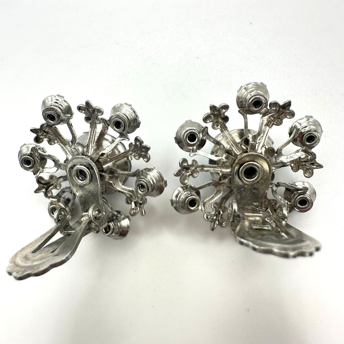 Vintage silver tone gray blue AB aurora borealis rhinestones clip on earrings