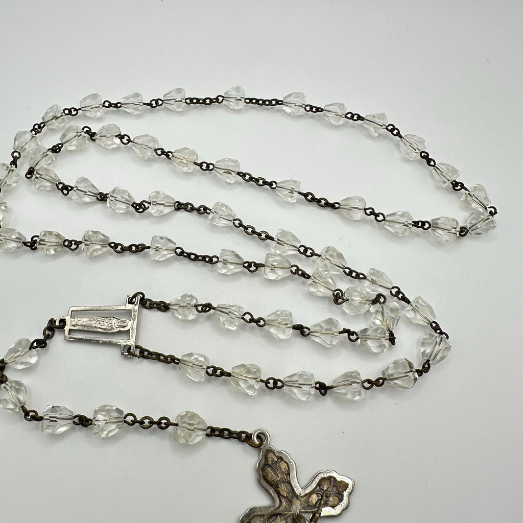 Vintage brass steel faceted clear glass beads beaded Catholic rosary necklace
