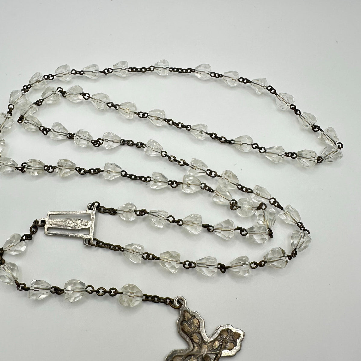 Vintage brass steel faceted clear glass beads beaded Catholic rosary necklace