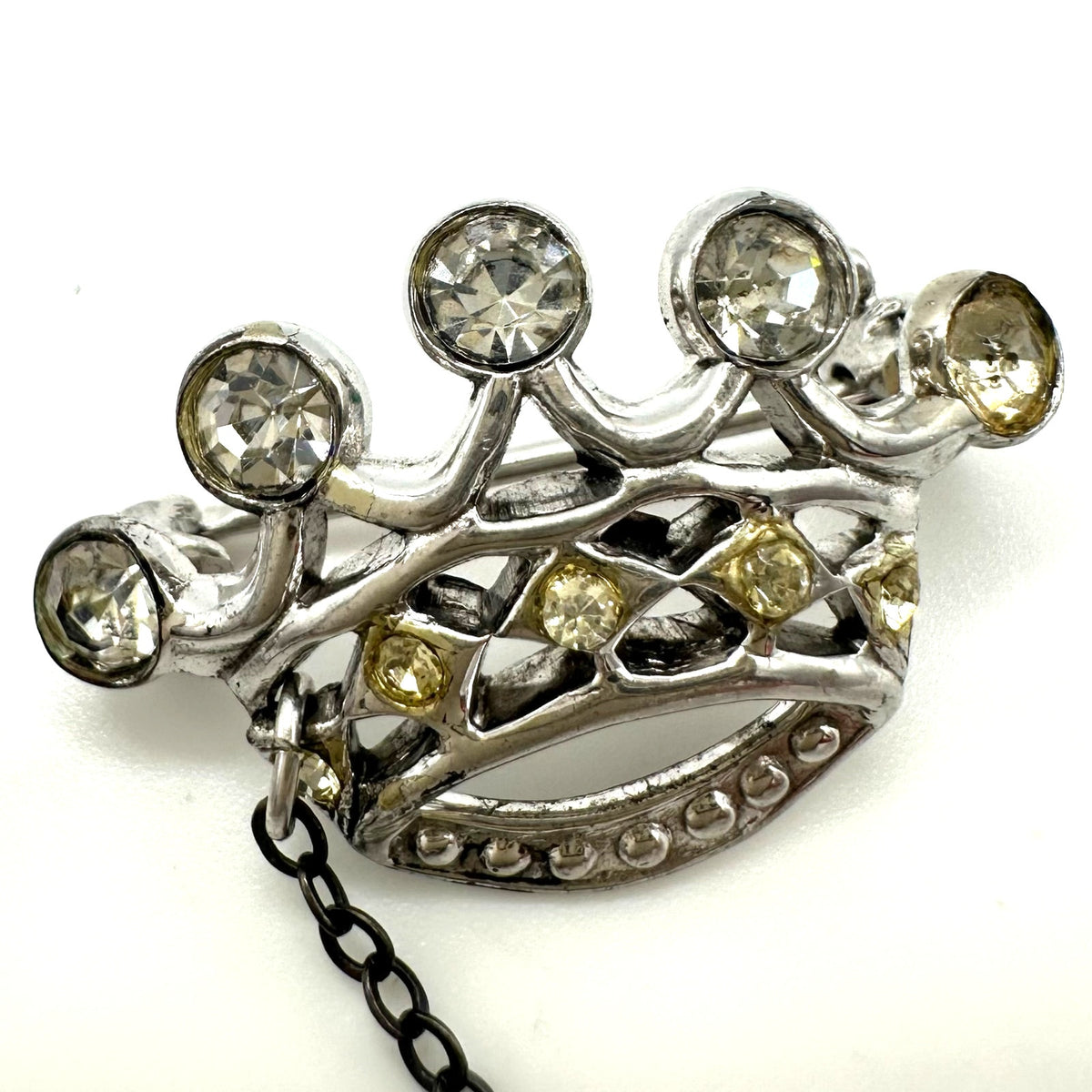 1940s vintage sterling silver rhinestones double crown brooch sweater guard