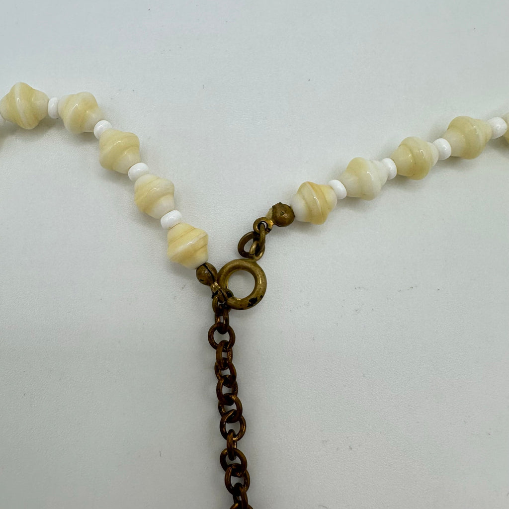Antique vintage cream Czech glass pressed beads flowers beaded brass necklace