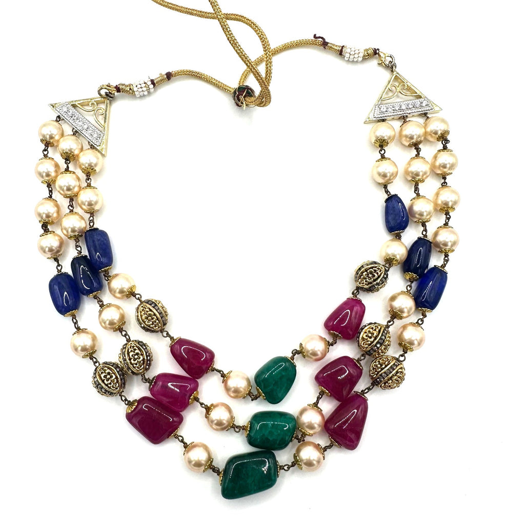 Indian vintage 3 strand semiprecious agate glass pearls beaded necklace