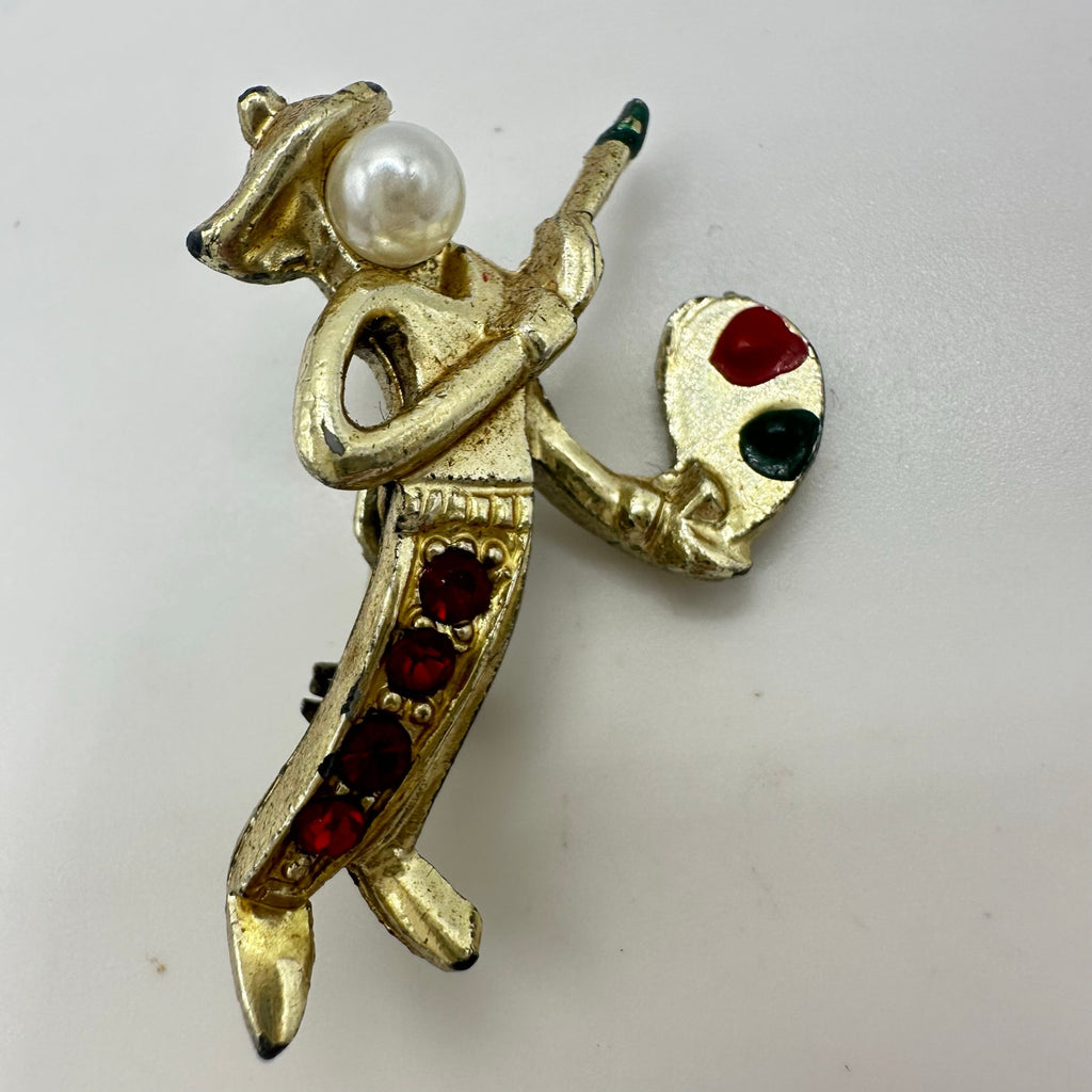 1940s vintage retro gold plated artist painter rhinestones figural brooch pin