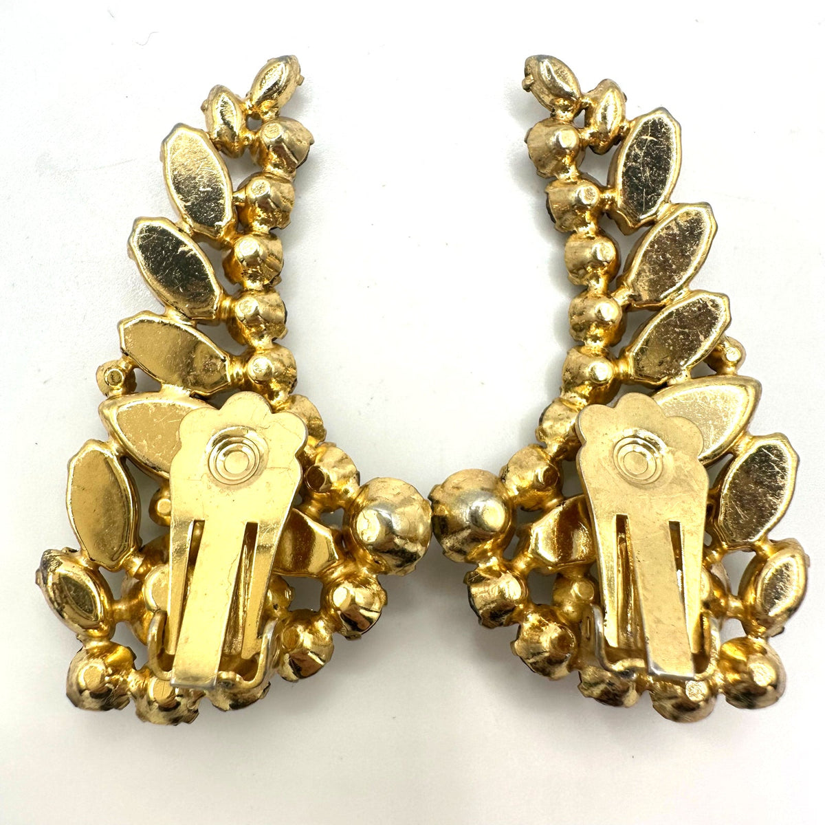 Vintage gold tone yellow smoky gray clear rhinestones crawler clip on earrings