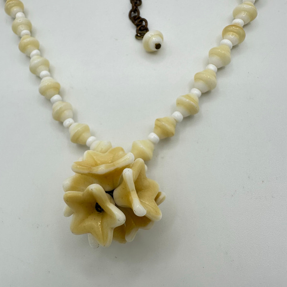 Antique vintage cream Czech glass pressed beads flowers beaded brass necklace