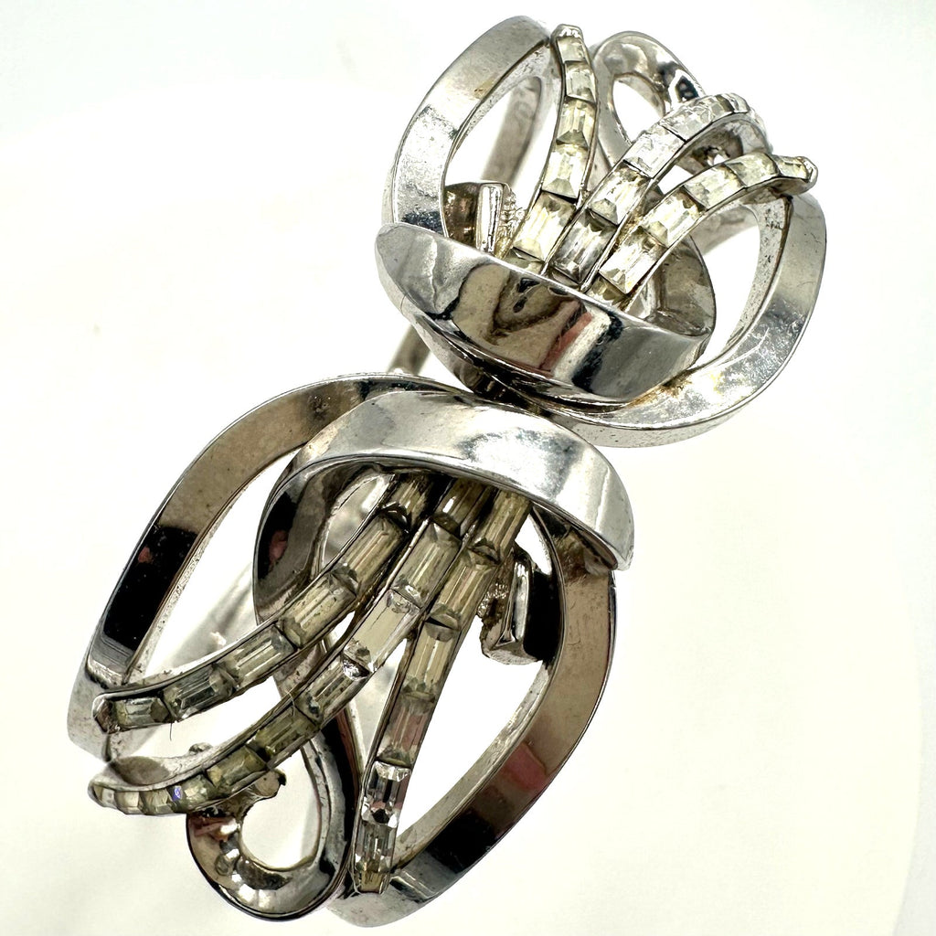 Trifari 1949 Alfred Philippe silver tone rhinestones clamper bangle bracelet