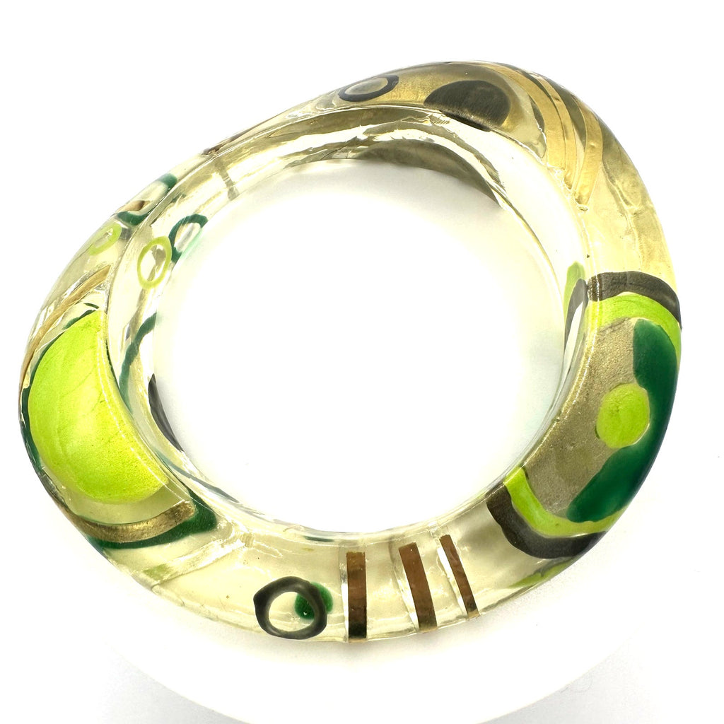 Vintage clear lucite/acrylic hand painted green gold chunky bangle bracelet