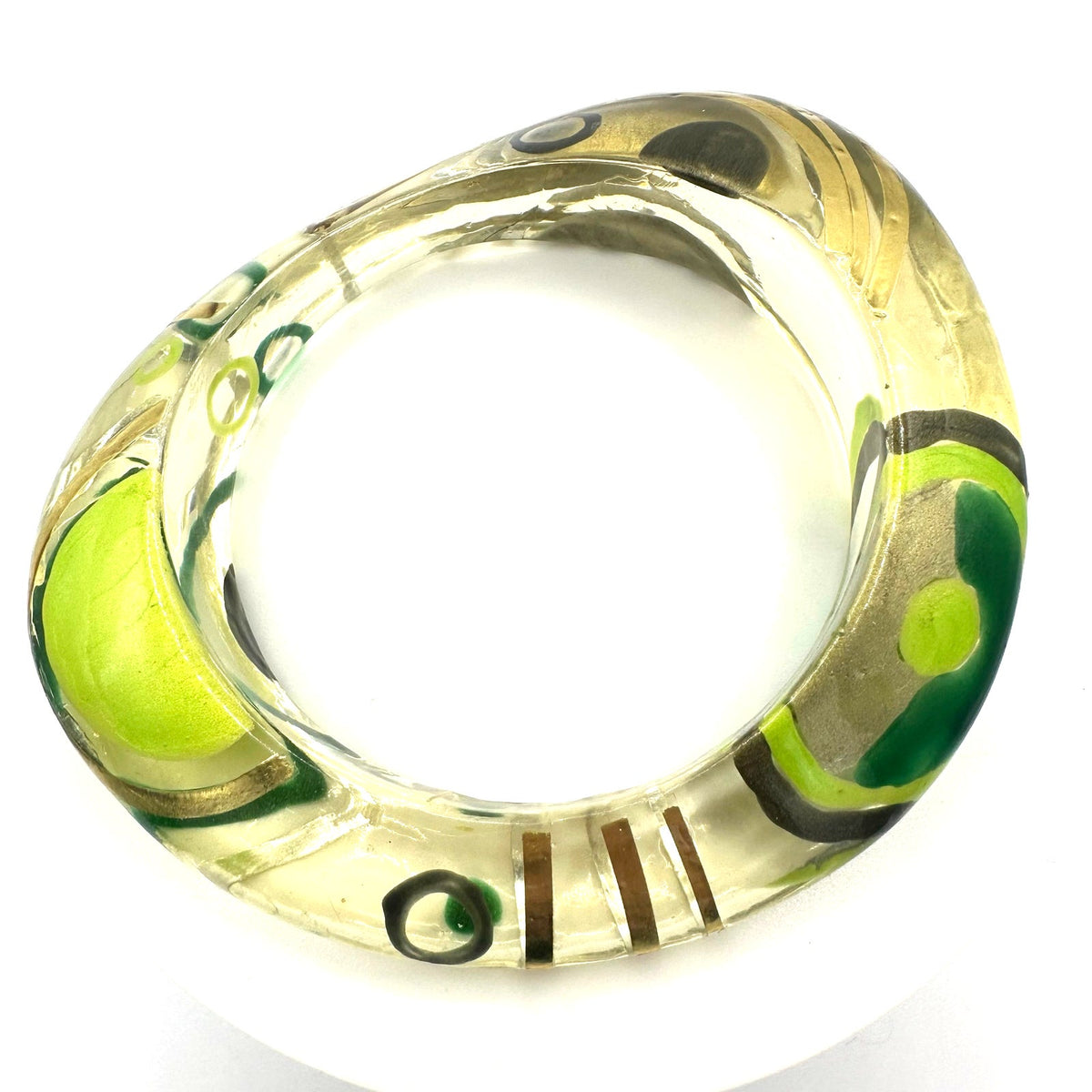 Vintage clear lucite/acrylic hand painted green gold chunky bangle bracelet