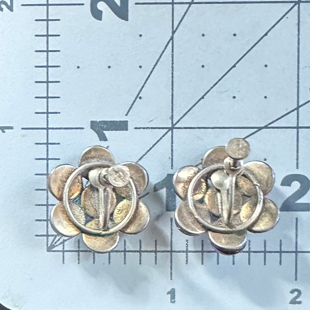 1940s vintage sterling silver rainbow glass cabochons screw back earrings