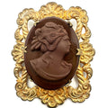 Antique vintage 1930s 1940s molded brown glass cameo gold tone brass brooch
